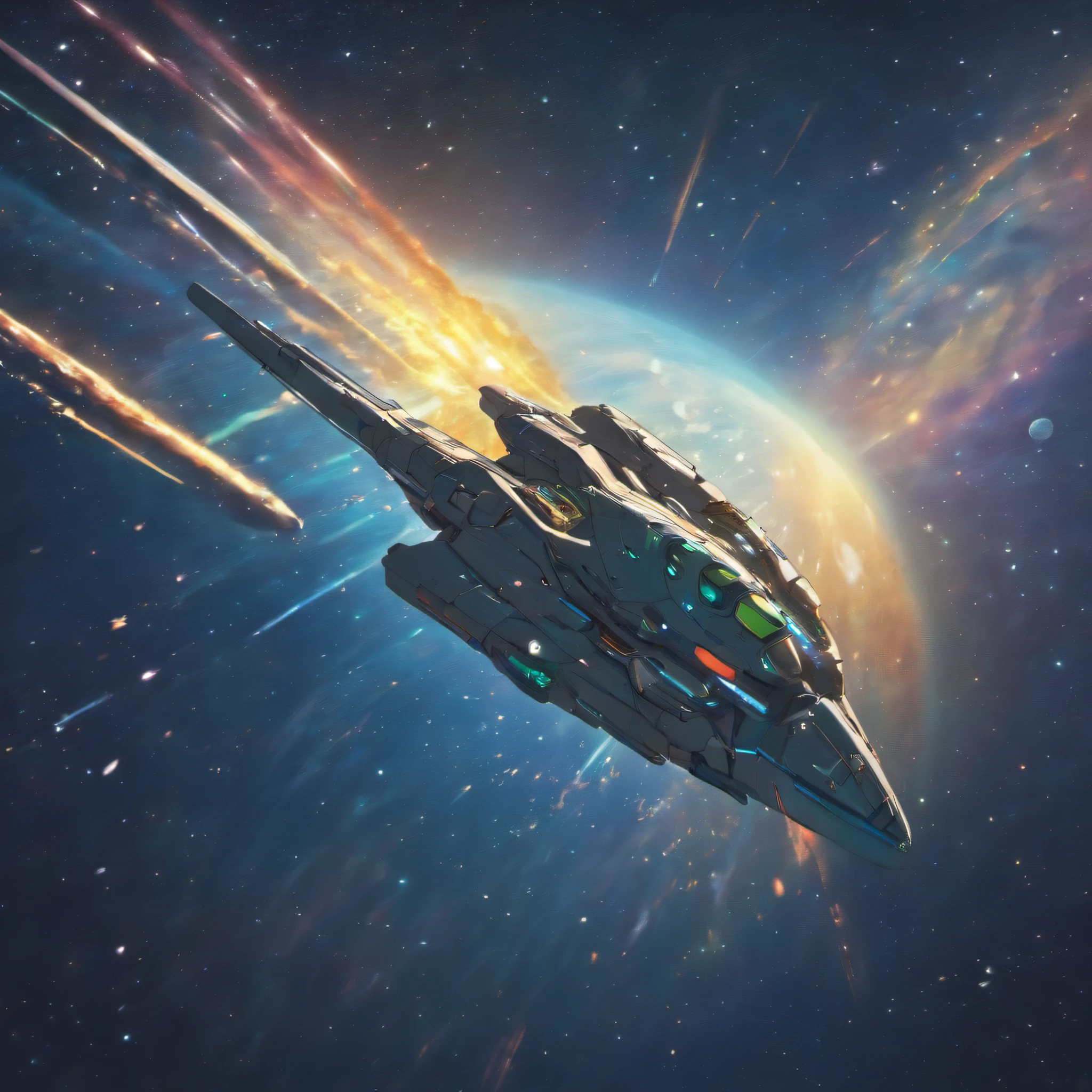 Generate an image depicting a spaceship in outer space, hovering near the edge of an unknown galaxy. The spaceship should be designed in the Studio Ghibli art style, with a sense of wonder and curiosity. Capture the vastness of space and the sense of adventure.