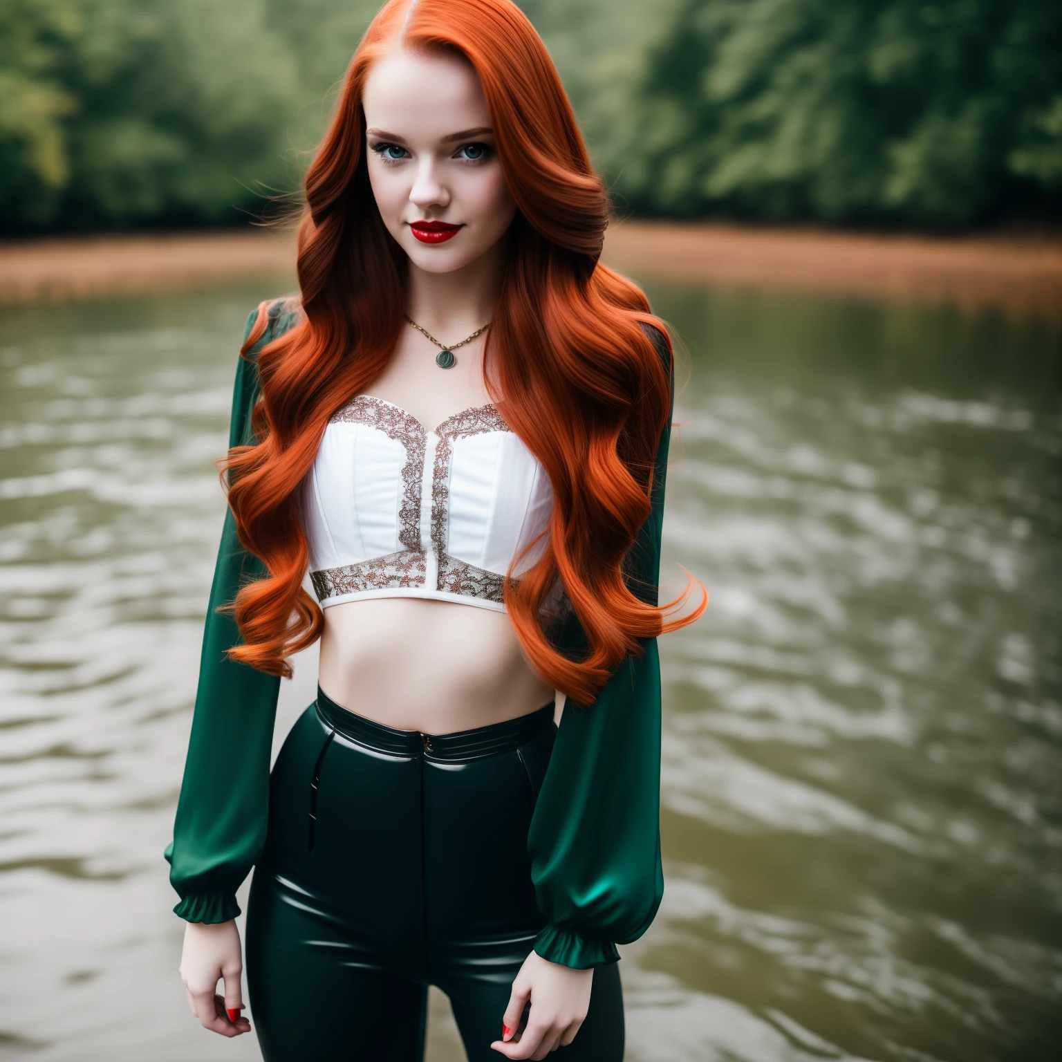 woman around 20 years old, beautiful, woman with slightly pale skin, long hair, coppery red hair, gray eyes, dark red lips, white crop top with puffy long sleeves, black corset, dark green pants, river background with mist