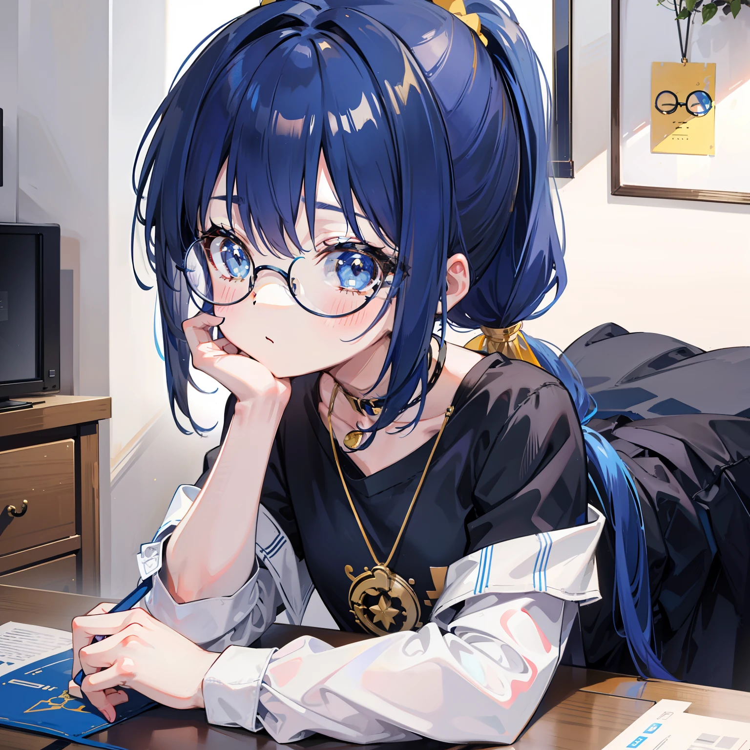 Blue-gold bangs,With a ponytail,With pigtails,The body is petite and tender,Very ,Only very small,Black round glasses,Thick frame,Red rope pendant,Light yellow and blue children's clothing