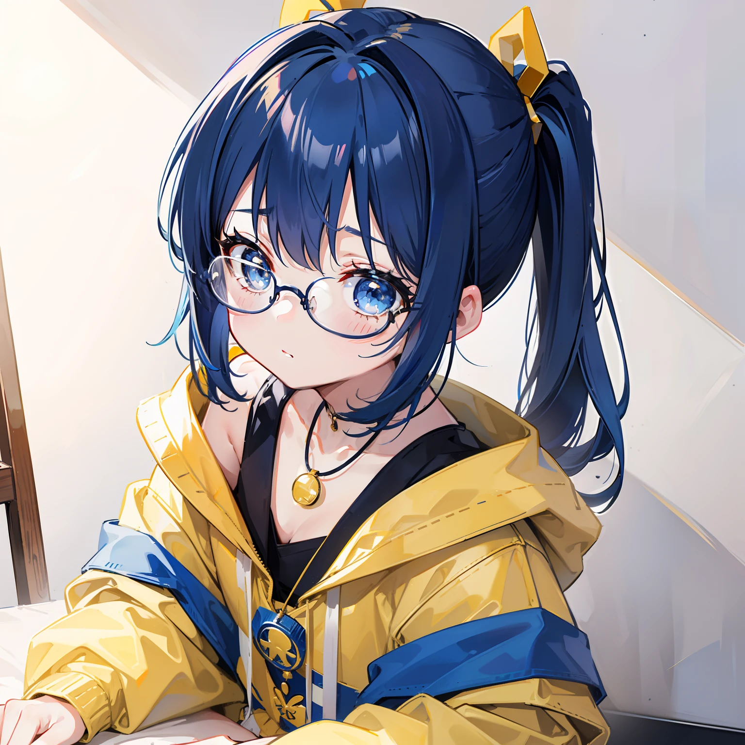 Blue-gold bangs,With a ponytail,With pigtails,The body is petite and tender,Very loli,Only very small,Black round glasses,Thick frame,Red rope pendant,Light yellow and blue children's clothing