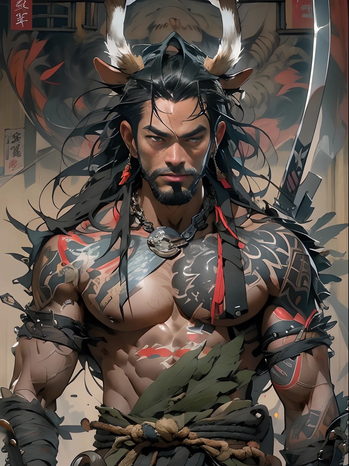 (((mtu))), (((best qualityer))), (((tmasterpiece))), (((AS-Adult))), ((( Japanese ))), Look up from your knees, Handsome Asian samurai,perfect body figure, Modern samurai, ((( Asian))), Wear gloves on your hands,The left arm is made of steel and metal tips,Made of protective devices, The eyes are pulled, (( Appears below the chest )), (( Small dental floss )), Simon Bisley, Almost naked(Simon Bisley)Castle City Wilderness,For high-resolution posters, hair straight, Minimum clothing, armure (Crazy clothes ), Full of tips and rivets, tribal tattoos, (((full bodyesbian))), Straight brunette hair,Colored hair ends