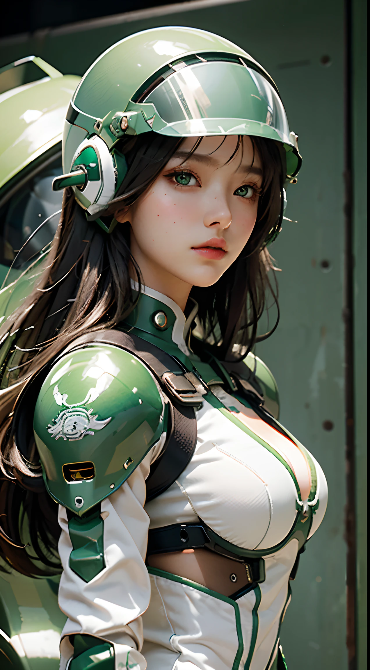 Highest image quality, outstanding details, ultra-high resolution, (realism: 1.4), the best illustration, favor details, highly condensed 1girl, with a delicate and beautiful face, dressed in a green and white mecha, wearing a mecha helmet, tight attire, the background is a high-tech lighting scene of the future city, perfect eyes