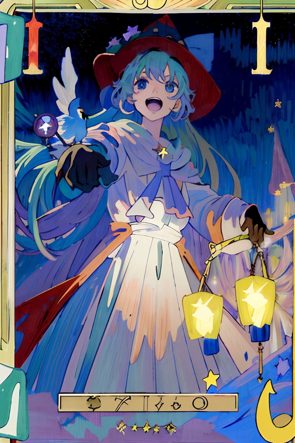 ((masterpiece:1.2, best quality)), 1girl, solo, (witch hat), blonde hair, long hair, dress, aurora, night, star (sky), gloves, sky, white dress, night sky, open mouth, starry sky, blue eyes, ribbon, very long hair, red dress, smile, hair ribbon, cape, blue hair, (bird), magic, casting spell, dark clouds, night, (impressionism:1.4), (tarot:1.3), alphonse mucha,