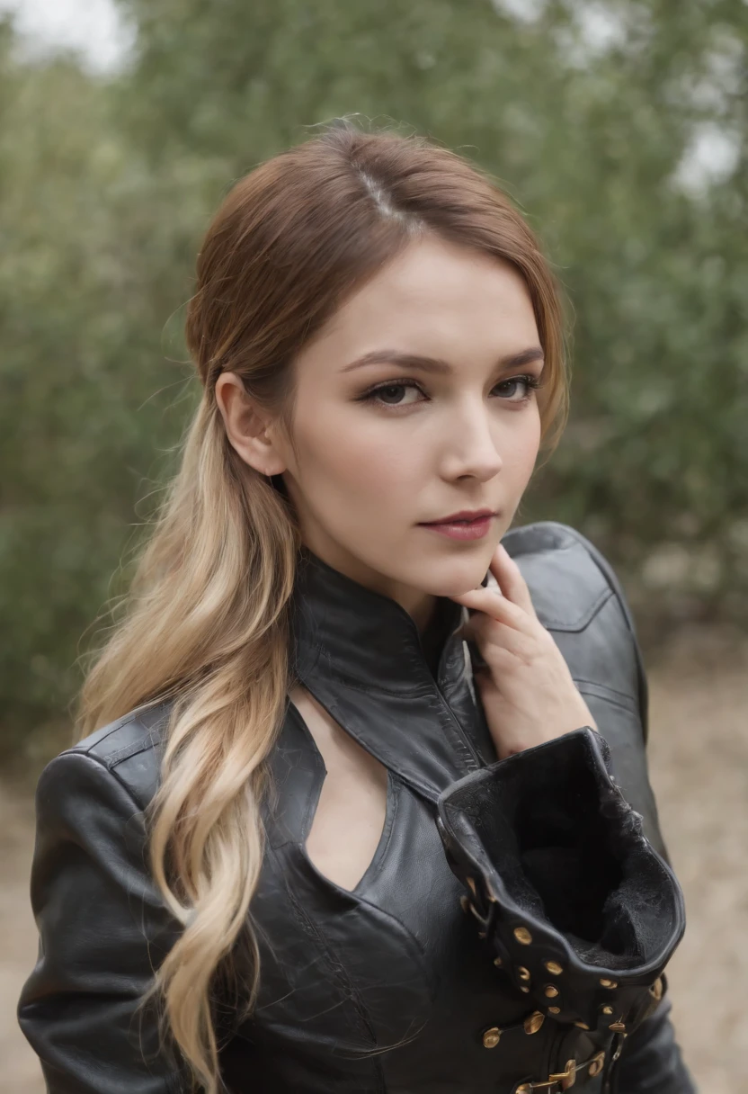 Black leather gloves　Black leather riders jacket　Black Leather Skinny Pants　Black leather long boots　Black Leather Neck Corset　Blonde Beautiful Girl　Playing Shogi