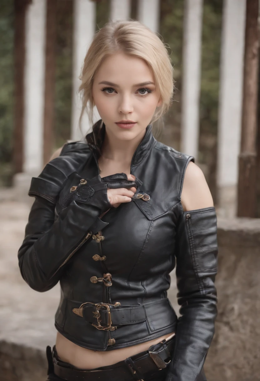 Black leather gloves Black leather riders jacket Black Leather Skinny Pants Black leather long boots Black Leather Neck Corset Blonde Beautiful Girl Playing Shogi