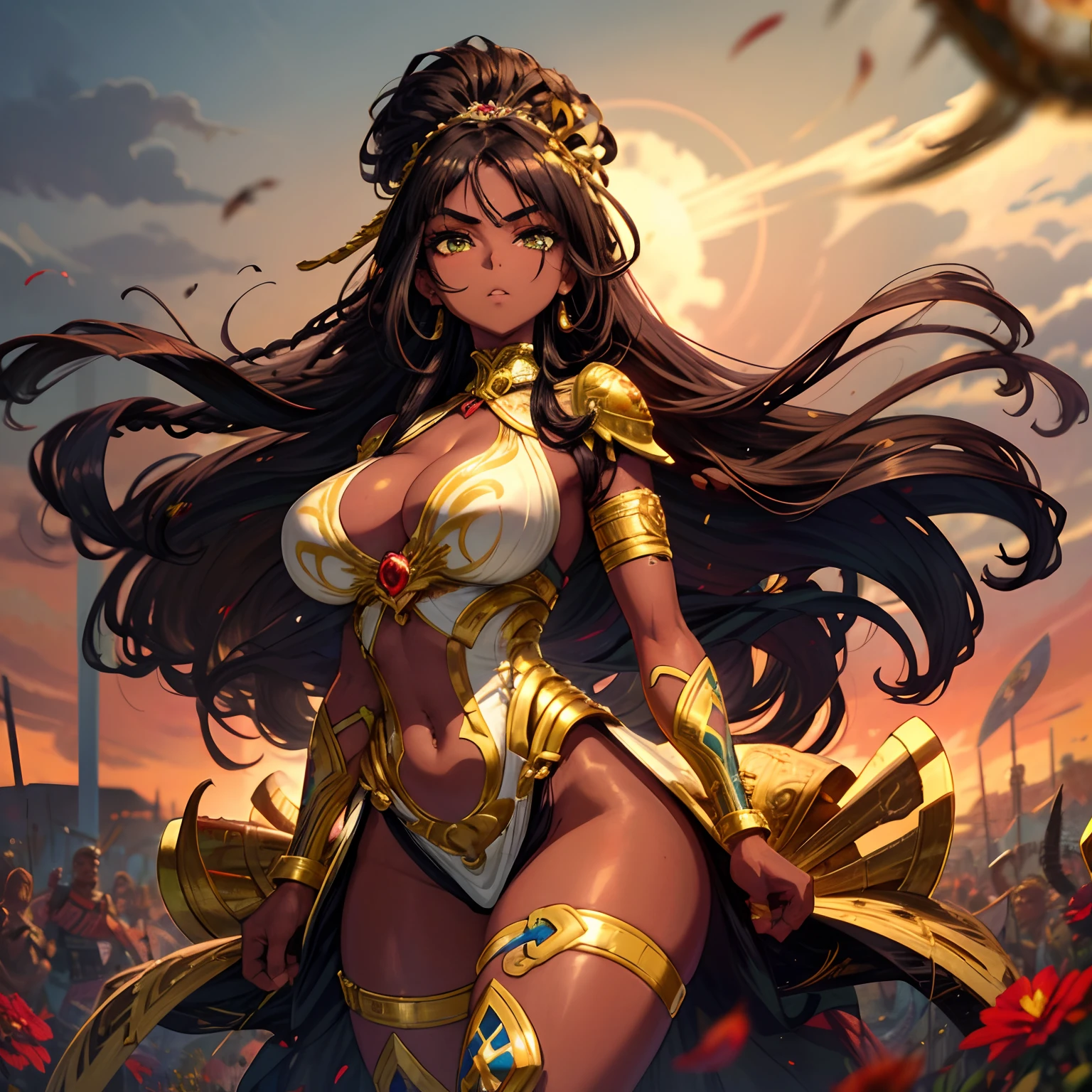 The most beautiful and sexy African warrior princess, black hair, long afro in a blowout hairstyle, green eyes, dark skin, wearing highly detailed tribal battle armor, huge gigantic tits, cleavage showing, tons of tattoos and piercings, blood splattered, golden flower pedals blowing in the wind, highly detailed background, perfect masterpiece, high quality, high resolution