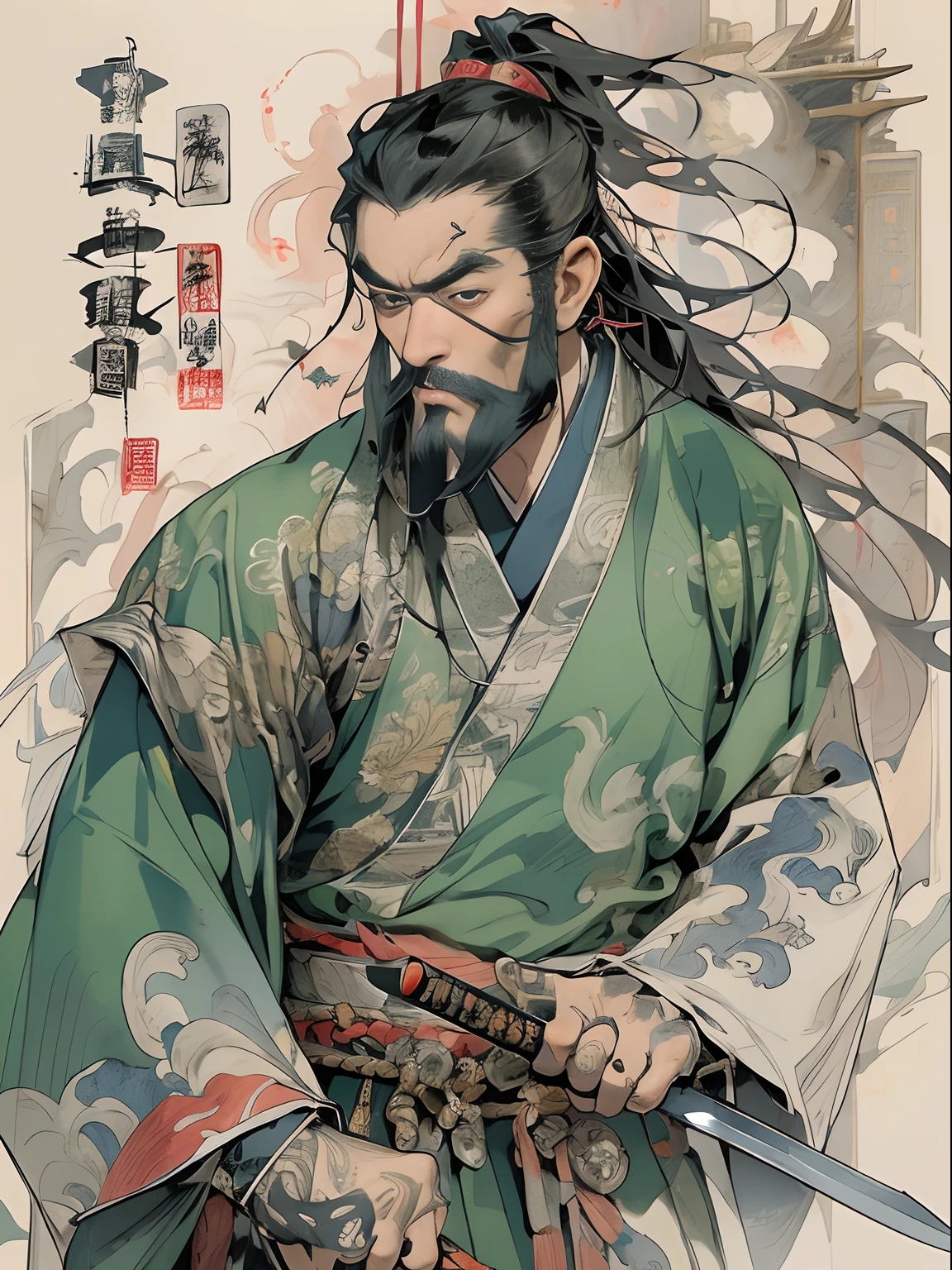 (((China-style，Ink painting method，Half-length portrait，Intense color，Han dynasty, China，Hanfu，Armor，Guan yu，Guan Yunchang，of a guy，Ruddy killing square face，Hold the Blue Dragon Moon Knife in his right hand，Stroke your beard with your left hand，Long hair，petty eyes，Green robe))), (((best qualityer))), (((tmasterpiece))), (((AS-Adult))), ((( Japanese ))), Look up from your knees, Handsome Asian samurai，perfect body figure, Modern samurai, ((( Asian))), Wear gloves on your hands，The left arm is made of steel and metal tips，Made of protective devices, The eyes are pulled, (( Appears below the chest )), (( Small dental floss )), Simon Bisley, Almost naked（Simon Bisley）Castle City Wilderness，For high-resolution posters, hair straight, Minimum clothing, armure (Crazy clothes ), Full of tips and rivets, tribal tattoos, (((full bodyesbian))), Straight brunette hair，Colored hair ends