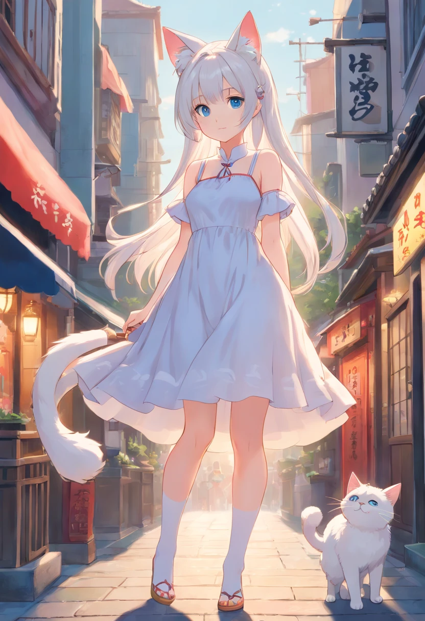 Stand barefoot,Masterpiece,long whitr hair,Extremely tall girls,A giantess,In the city,Full limbs,The face is delicate,White double ponytail,blue color eyes,White ta,Long-range shots,white stockings,There are cat ears on the head, white dresses, silber hair, cute anime waifu in a nice dress, cute big breasts,Chopstick legs,Slender calves,Slender,high-heels