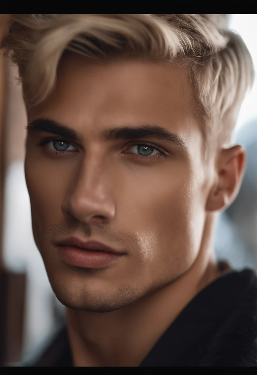 photography, male perfection, strong jawline, full lips, Roman nose, short blonde hair, hazel eyes, hyper realistic, 8k --v 4