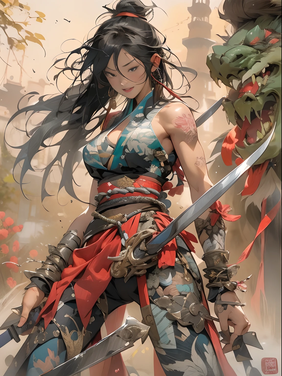 (((woman))), (((best qualityer))), (((tmasterpiece))), (((AS-Adult))), ((( Japanese ))), Look up from your knees, A beautiful asian samurai woman with perfect body, Modern samurai, ((( Asian))), Wear gloves on your hands,The left arm is made of steel and metal tips,Made of protective devices, The eyes are pulled, (( Appears below the breast )), (( Small dental floss )), Simon Bisley, Almost naked(Simon Bisley)Castle City Wilderness,For high-resolution posters, hair straight, Minimum clothing, armure (Crazy clothes ), Full of tips and rivets, tribal tattoos, (((full bodyesbian))), Straight brunette hair,Colored hair ends