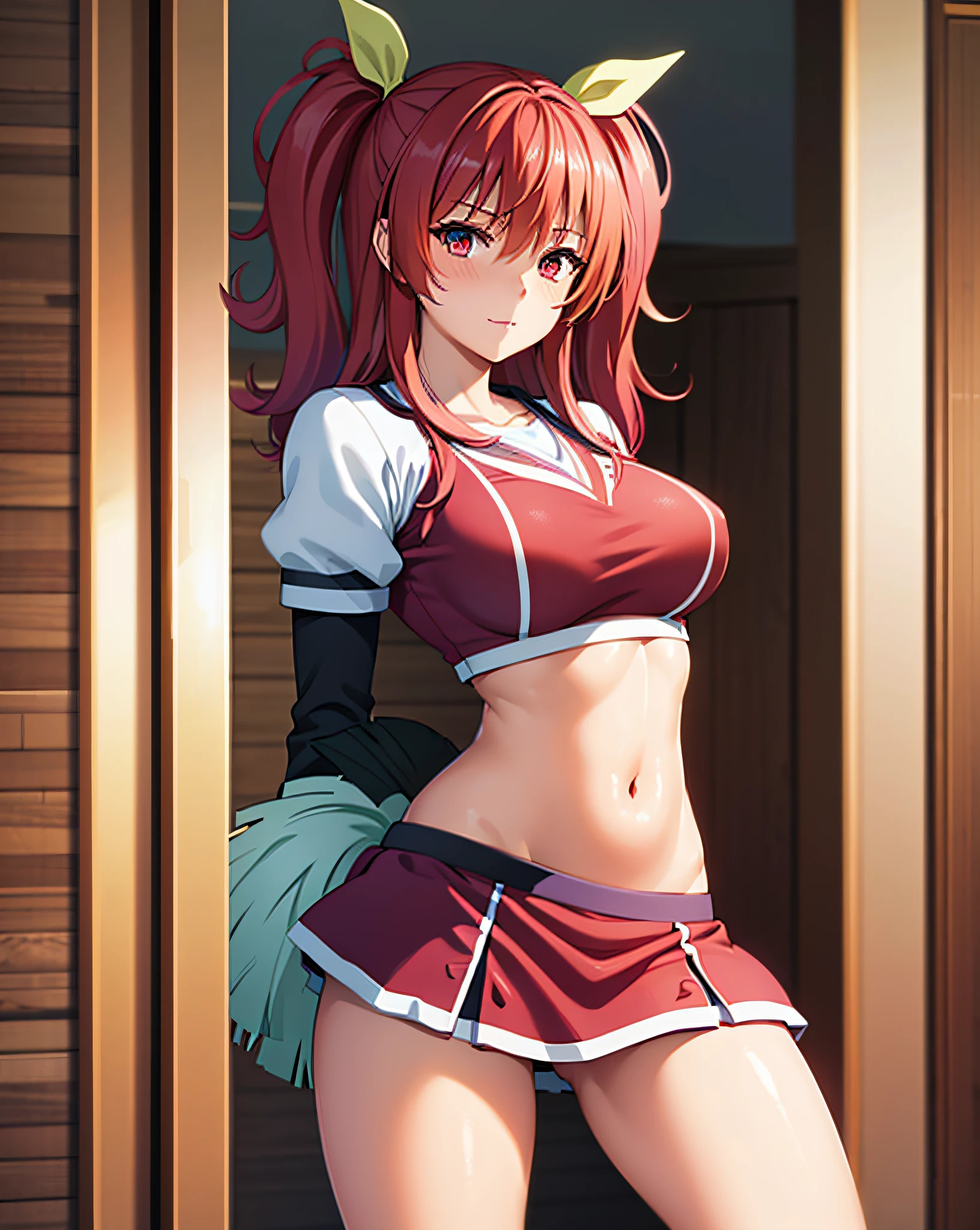 stella vermillion, red eyes, red hair, long hair, BREAK cheerleader, crop top, holding pom poms, midriff, navel, orange skirt, pink footwear, pom pom (cheerleading), pom poms, ponytail, skirt, (u.a. cheerleader uniform:1.5), BREAK looking at viewer, full body, BREAK indoors, classroom, BREAK (masterpiece:1.2), best quality, high resolution, unity 8k wallpaper, (illustration:0.8), (beautiful detailed eyes:1.6), extremely detailed face, perfect lighting, extremely detailed CG, (perfect hands, perfect anatomy),