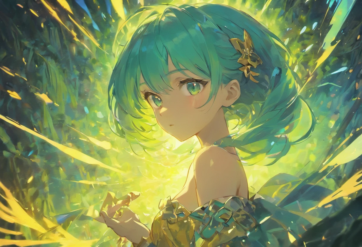 Masterpiece, Best quality, Super high resolution, Fluorescent color,, 1 girl, Looking at the audience, Beautiful face, Beautiful eyes, (Off-the-shoulder: 1.2), Head up, Upper body, forest, Shiny hair, Shiny skin, Glow-emission cut, tchibi, Finger proportions are coordinated