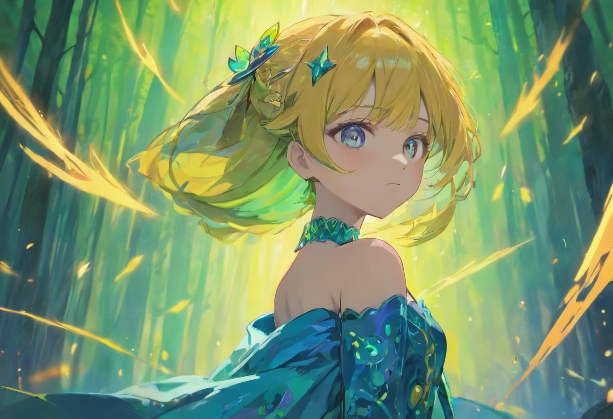 Masterpiece, Best quality, Super high resolution, Fluorescent color,, 1 girl, Looking at the audience, Beautiful face, Beautiful eyes, (Off-the-shoulder: 1.2), Head up, Upper body, forest, Shiny hair, Shiny skin, Glow-emission cut, tchibi, Finger proportions are coordinated