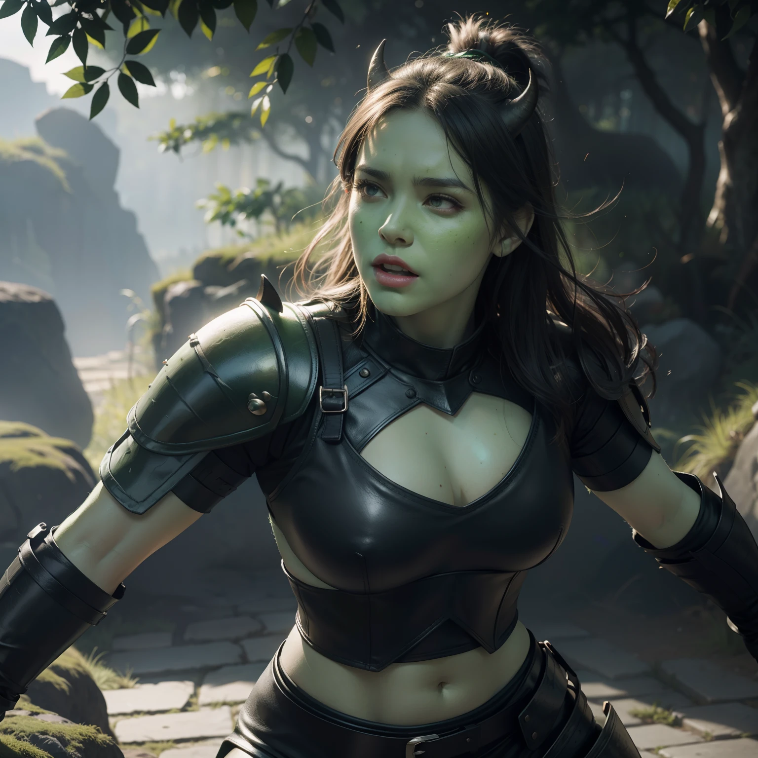 photo photorealism photorealistic photoquality best quality, female ogre with green skin wearing black leather armor, outdoor, dramatic lighting, bokeh, action pose