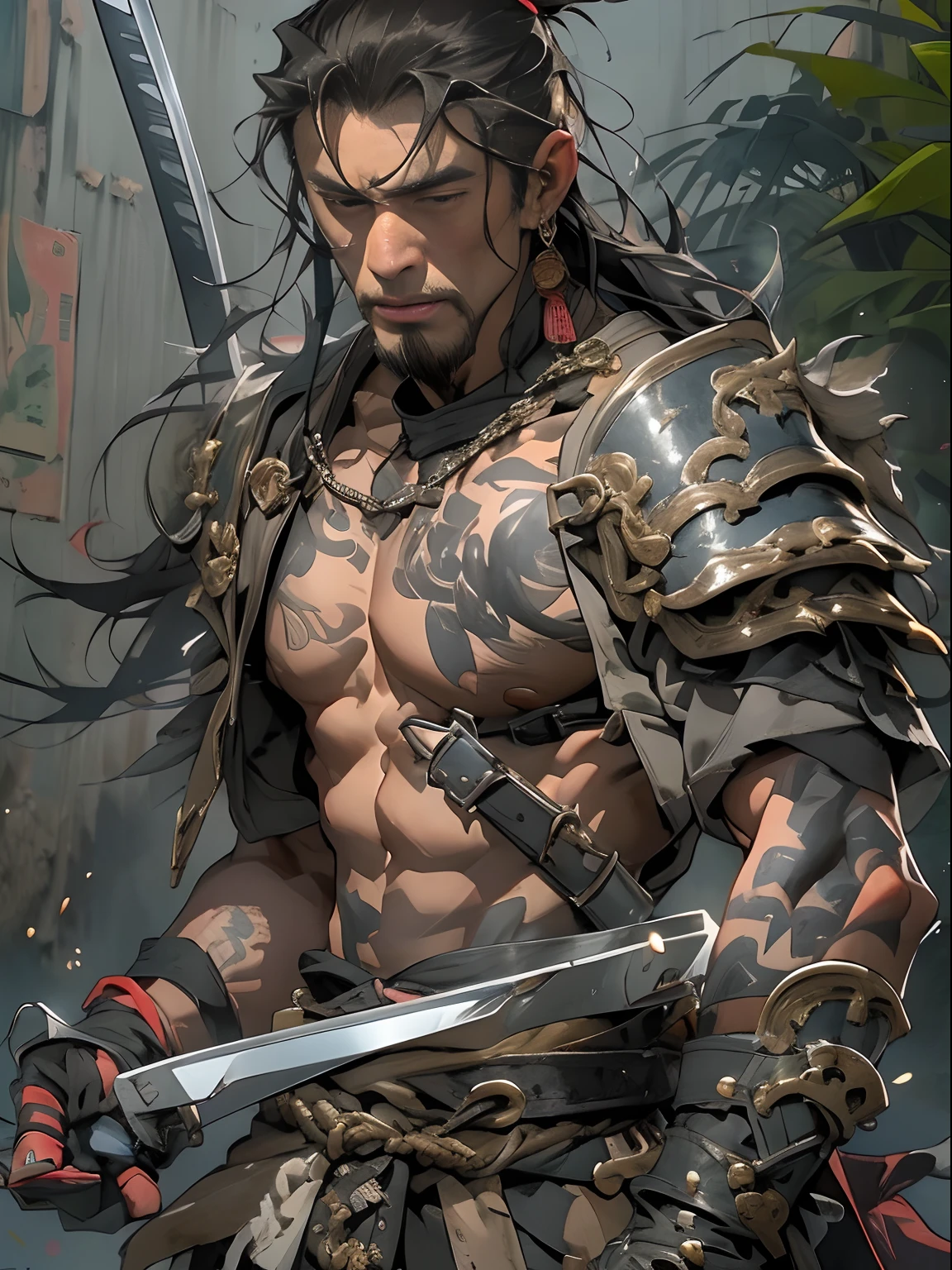 (((mtu))), (((best qualityer))), (((tmasterpiece))), (((AS-Adult))), ((( Japanese ))), Look up from your knees, Handsome Asian samurai，perfect body figure, Modern samurai, ((( Asian))), Wear gloves on your hands，The left arm is made of steel and metal tips，Made of protective devices, The eyes are pulled, (( Appears below the chest )), (( Small dental floss )), Simon Bisley, Almost naked（Simon Bisley）Castle City Wilderness，For high-resolution posters, hair straight, Minimum clothing, armure (Crazy clothes ), Full of tips and rivets, tribal tattoos, (((full bodyesbian))), Straight brunette hair，Colored hair ends