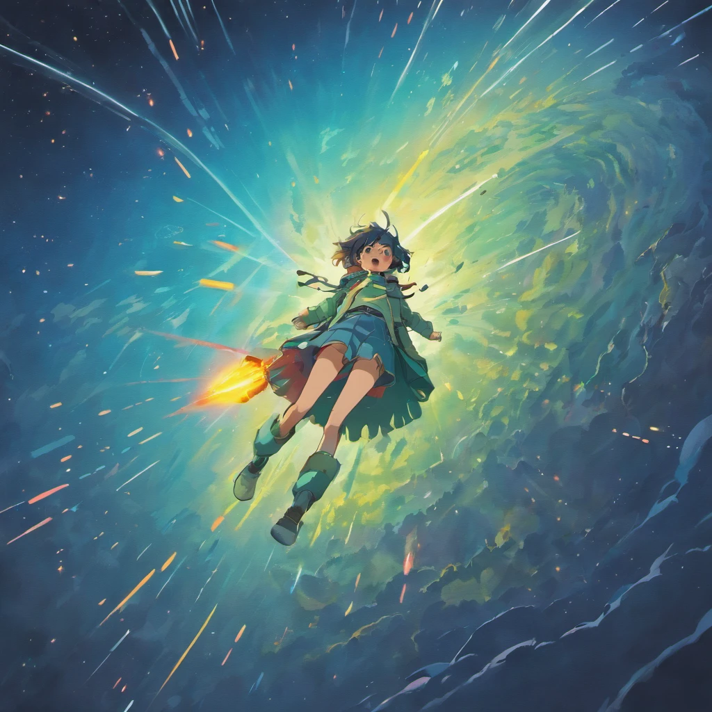Create an image showing the spaceship descending into the planet's atmosphere. Use the Studio Ghibli art style to convey the turbulence and tension of the descent. Show the atmosphere with vibrant colors and dynamic clouds that reflect the perilous journey.