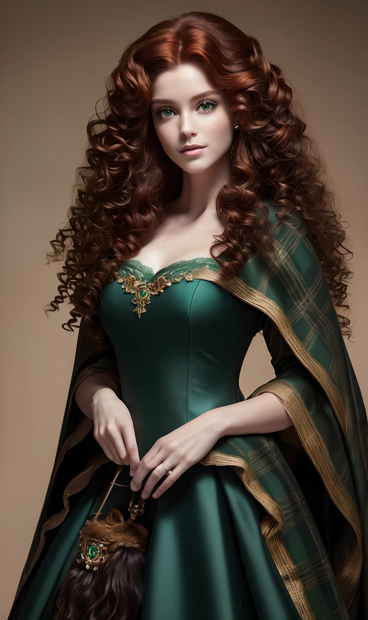 (((Ultra detailed, beautiful face, Megapixel))) Create a magical and captivating photo realistic image of a model styled as Merida, infused with the essence of Bo Peep from Toy Story. The model possesses sparkling (emerald green) eyes, reminiscent of Merida's adventurous spirit, and Bo Peep's sweet yet independent nature. Her hair, a cascade of wild (curly red) locks, flows freely, echoing Merida's untamed nature. She wears a unique ensemble, merging Merida's Scottish tartan with Bo Peep's feminine charm. The clothing is a combination of a flowing tartan gown in earthy tones, paired with a lace-trimmed shepherdess cape. Soft and lightweight fabrics, such as silk and organza, enhance the ethereal nature of the ensemble. Against a blank background, the focus is on the model's captivating features and the fusion of Merida and Bo Peep's spirits. With your camera, a high-resolution mirrorless camera paired with a prime lens, you will capture the enchanting essence of this Merida and Bo Peep fusion.