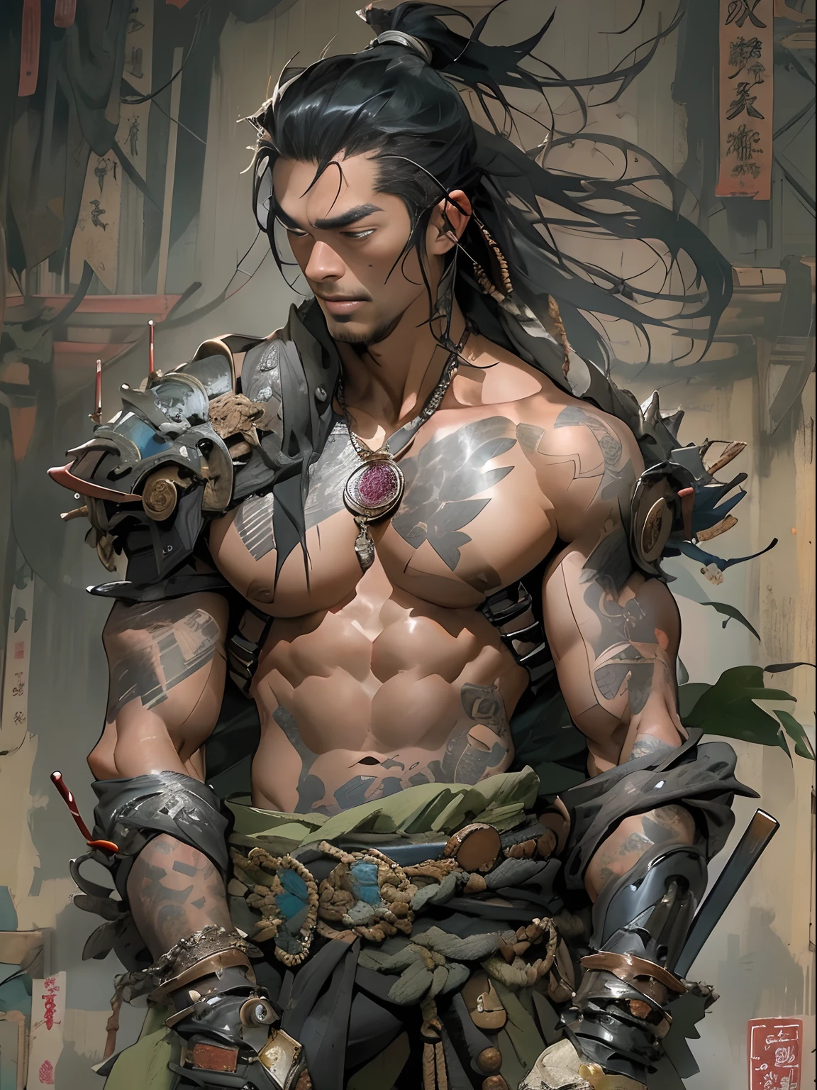 (((mtu))), (((best qualityer))), (((tmasterpiece))), (((AS-Adult))), ((( Japanese ))), Look up from your knees, Handsome Asian samurai,perfect body figure, Modern samurai, ((( Asian))), Wear gloves on your hands,The left arm is made of steel and metal tips,Made of protective devices, The eyes are pulled, (( Appears below the chest )), (( Small dental floss )), Simon Bisley, Almost naked(Simon Bisley)Castle City Wilderness,For high-resolution posters, hair straight, Minimum clothing, armure (Crazy clothes ), Full of tips and rivets, tribal tattoos, (((full bodyesbian))), Straight brunette hair,Colored hair ends