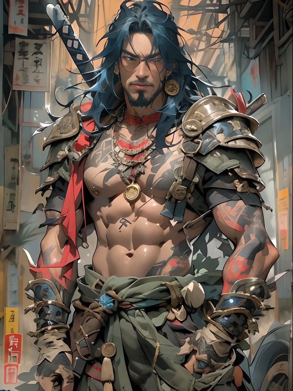 (((mtu))), (((best qualityer))), (((tmasterpiece))), (((AS-Adult))), ((( Japanese ))), Look up from your knees, Handsome Asian samurai，perfect body figure, Modern samurai, ((( Asian))), Wear gloves on your hands，The left arm is made of steel and metal tips，Made of protective devices, The eyes are pulled, (( Appears below the chest )), (( Small dental floss )), Simon Bisley, Almost naked（Simon Bisley）Castle City Wilderness，For high-resolution posters, hair straight, Minimum clothing, armure (Crazy clothes ), Full of tips and rivets, tribal tattoos, (((full bodyesbian))), Straight brunette hair，Colored hair ends