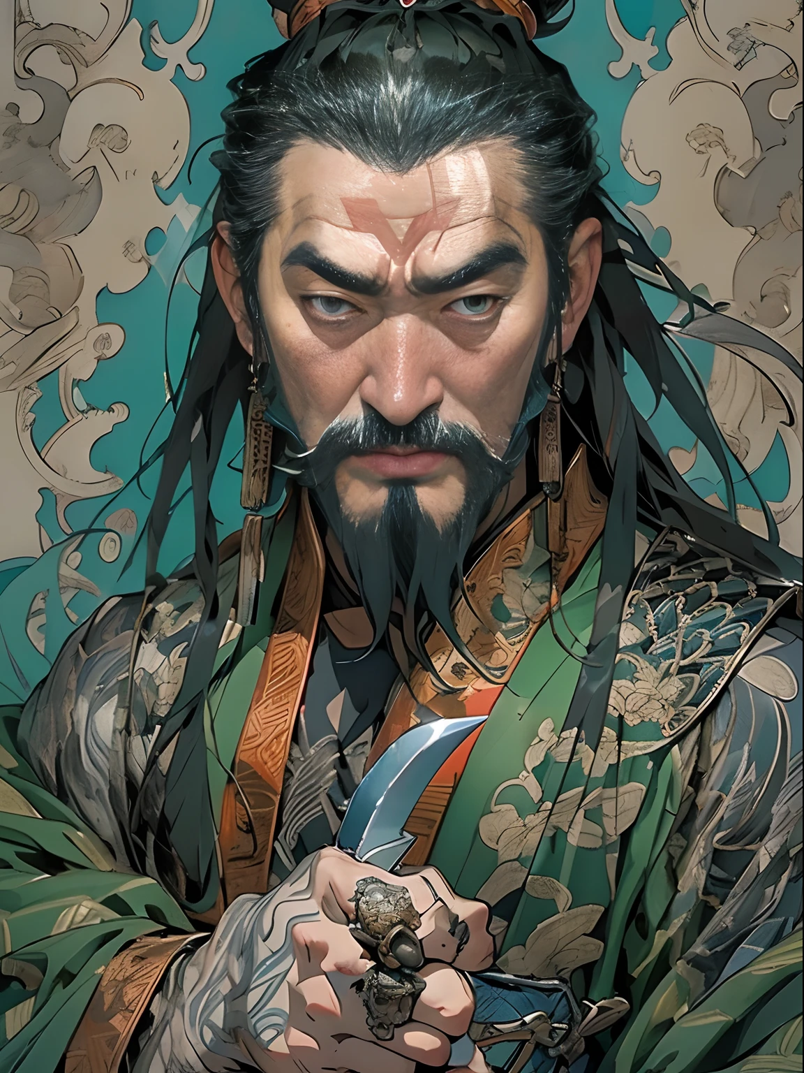 (((China-style,Ink painting method,Half-length portrait,Intense color,Han dynasty, China,Hanfu,Armor,Guan yu,Guan Yunchang,of a guy,Ruddy killing square face,Hold the Blue Dragon Moon Knife in his right hand,Stroke your beard with your left hand,Long hair,petty eyes,Green robe))), (((best qualityer))), (((tmasterpiece))), (((AS-Adult))), ((( Japanese ))), Look up from your knees, Handsome Asian samurai,perfect body figure, Modern samurai, ((( Asian))), Wear gloves on your hands,The left arm is made of steel and metal tips,Made of protective devices, The eyes are pulled, (( Appears below the chest )), (( Small dental floss )), Simon Bisley, Almost naked(Simon Bisley)Castle City Wilderness,For high-resolution posters, hair straight, Minimum clothing, armure (Crazy clothes ), Full of tips and rivets, tribal tattoos, (((full bodyesbian))), Straight brunette hair,Colored hair ends