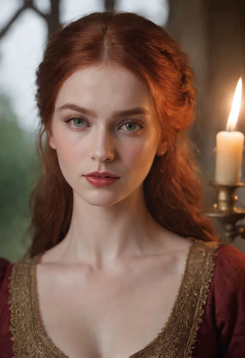 (((a deep reddish wound crosses her left cheek))) fair complexion, woman around 19 years old, natural red hair, distinctive green eyes, wearing kohl, slender and graceful, beautiful, candlelight in a medieval setting, ultra sharp focus, realistic shot, medieval female clothes, tetradic colors (scar:1.4) naked, topless, big boobs, huge breasts, massive tits