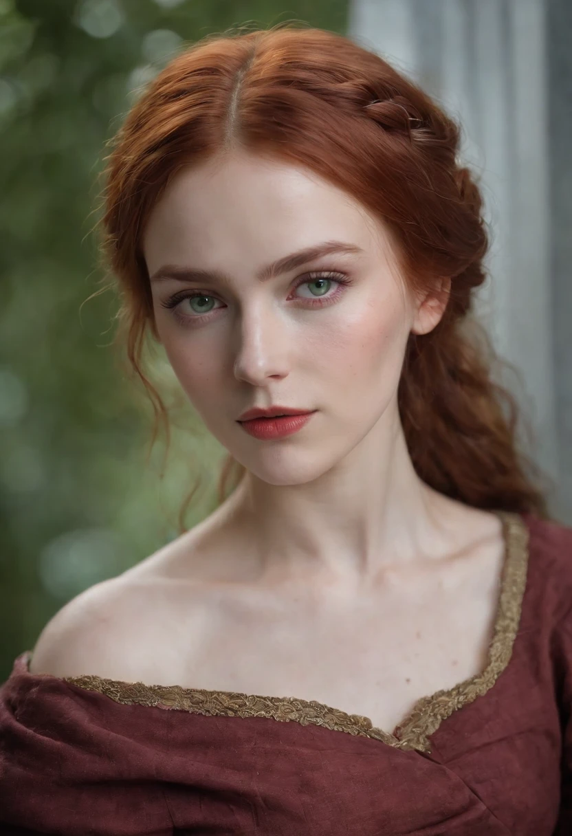 (((a deep reddish wound crosses her left cheek))) fair complexion, woman around 19 years old, natural red hair, distinctive green eyes, wearing kohl, slender and graceful, beautiful, candlelight in a medieval setting, ultra sharp focus, realistic shot, medieval female clothes, tetradic colors (scar:1.4) naked, topless, big boobs, huge breasts, massive tits