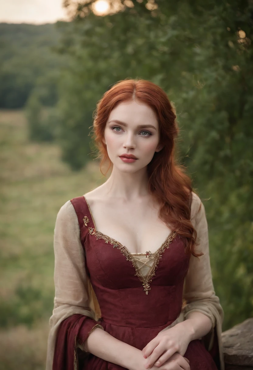 (((a deep reddish wound crosses her left cheek))) fair complexion, woman around 19 years old, natural red hair, distinctive green eyes, wearing kohl, slender and graceful, beautiful, candlelight in a medieval setting, ultra sharp focus, realistic shot, medieval female clothes, tetradic colors (scar:1.4) naked, topless, big boobs, huge breasts, massive tits