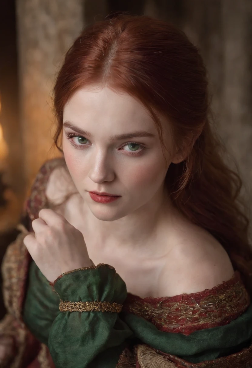(((a deep reddish wound crosses her left cheek))) fair complexion, woman around 19 years old, natural red hair, distinctive green eyes, wearing kohl, slender and graceful, beautiful, candlelight in a medieval setting, ultra sharp focus, realistic shot, medieval female clothes, tetradic colors (scar:1.4) naked, topless, big boobs, huge breasts, massive tits