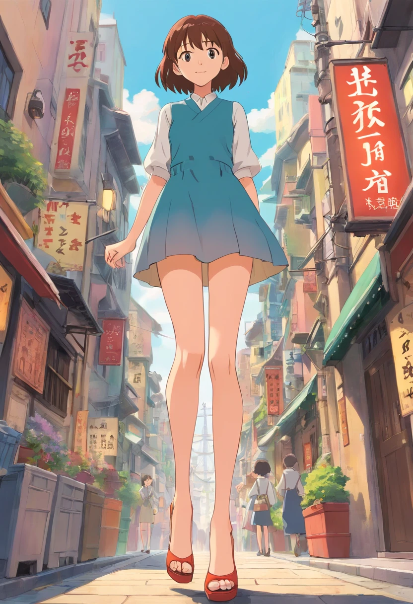Extremely tall girls，A giantess，Slender calves，Slender，high-heels，Standing barefoot in the city