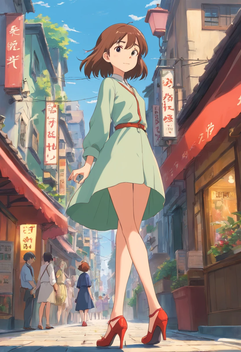 Extremely tall girls,A giantess,Slender calves,Slender,high-heels,Standing barefoot in the city