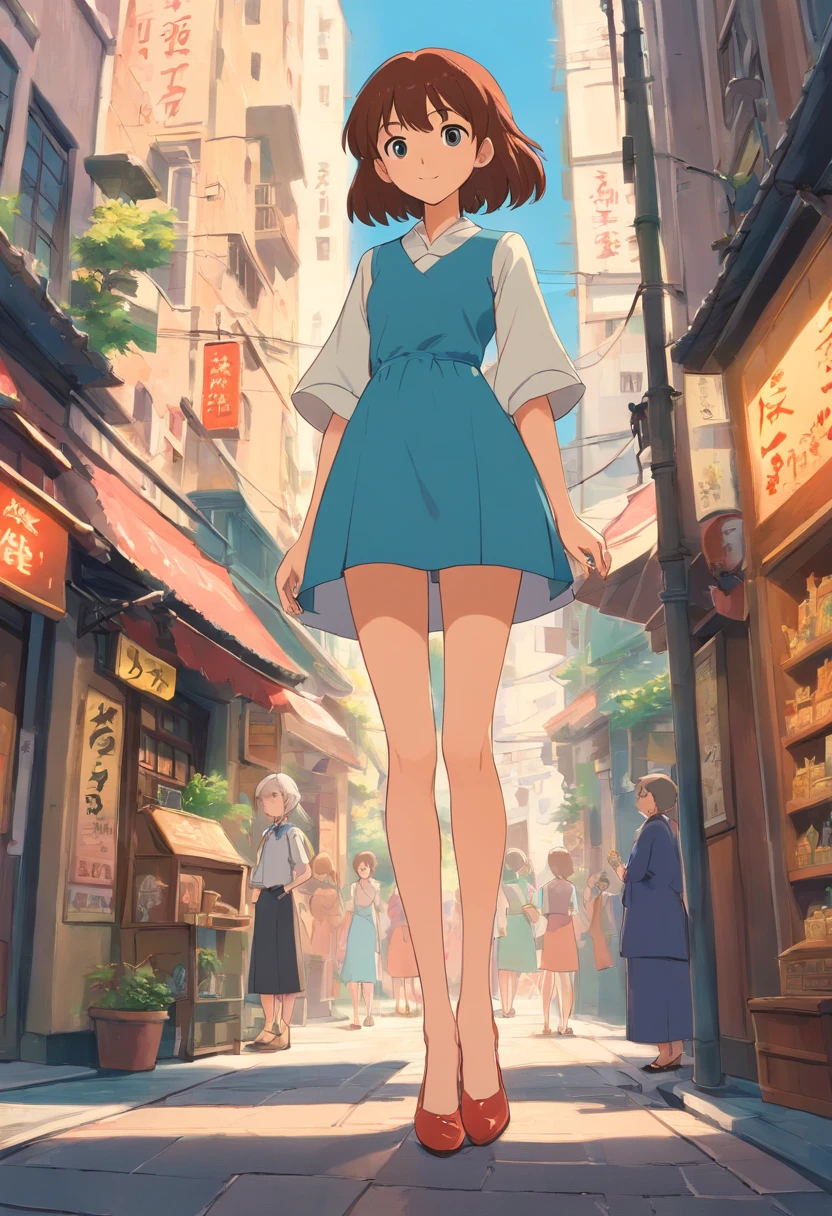 Extremely tall girls，A giantess，Slender calves，Slender，high-heels，Standing barefoot in the city