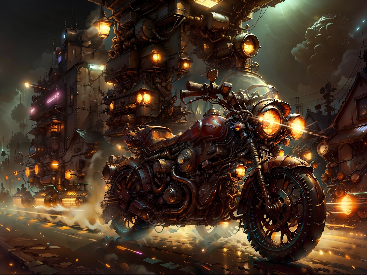 Imagine a futuristic city at night, shrouded in cosmic dust, while a biker on his vintage motorcycle cuts through the scenery. Capture cada detalhe da bicicleta, do brilho do potente motor aos reflexos das luzes da cidade, all in one high-resolution HDR image