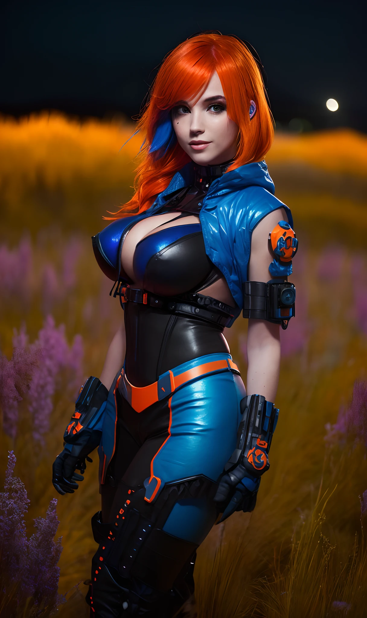 A girl with orange hair, medium breast, with blue cyberpunk outfit, in a colorful meadow, at night