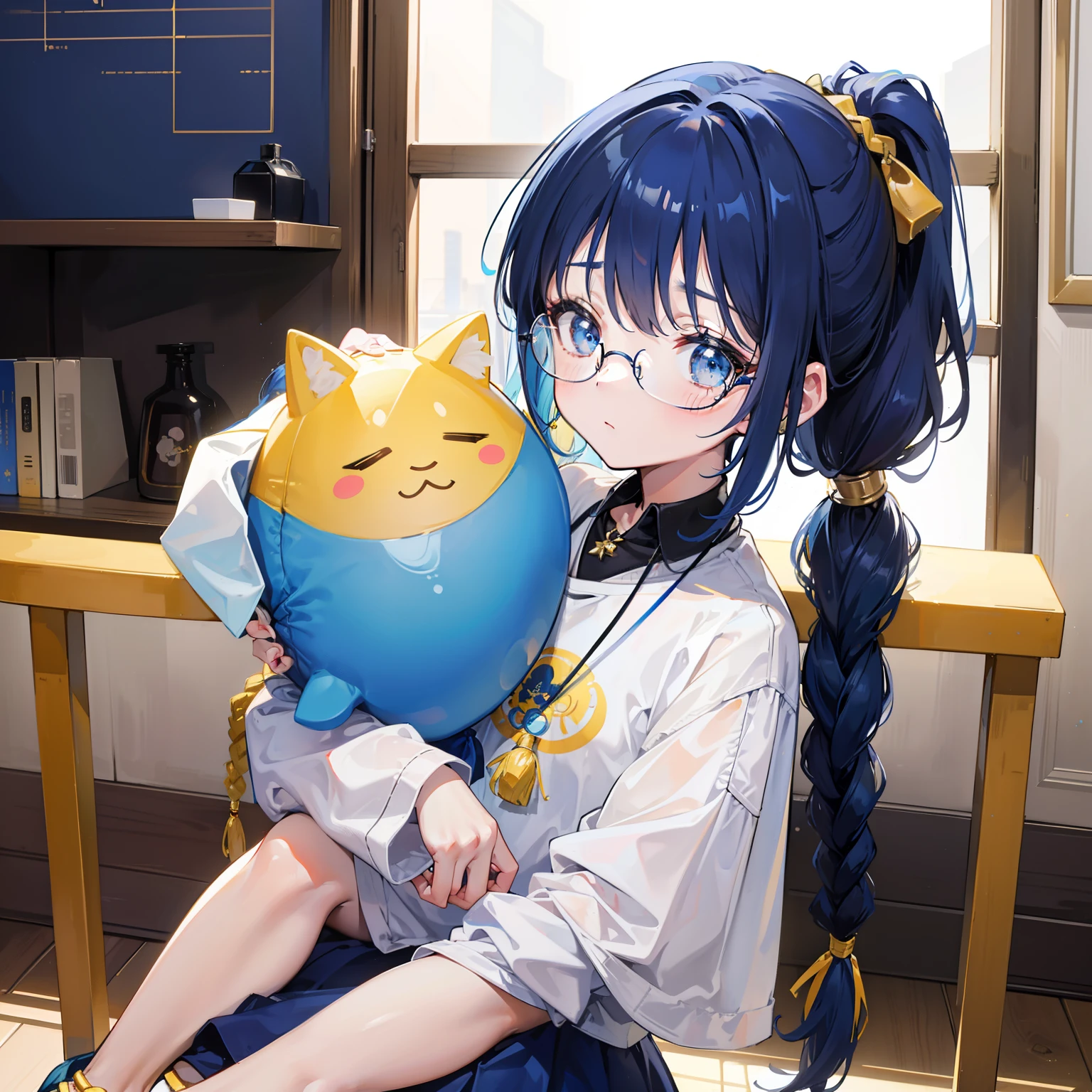 Blue-gold bangs，With a ponytail，With braids，The body is petite and tender，Very loli，Only very small，Black round glasses，Thick frame，Red rope pendant，Light yellow and blue children's clothing