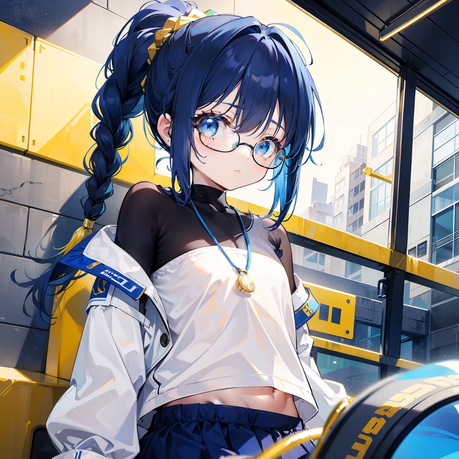 Blue-gold bangs，With a ponytail，With braids，The body is petite and tender，Very loli，Only very small，Black round glasses，Thick frame，Red rope pendant，Light yellow and blue children's clothing