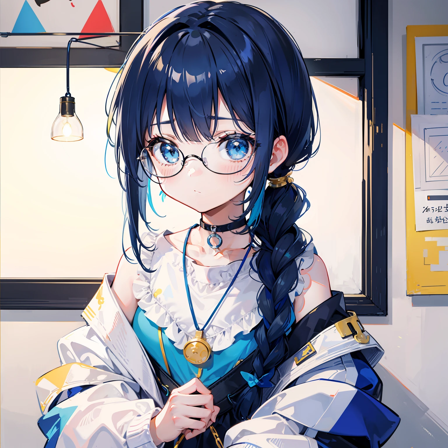 Blue-gold bangs,With a ponytail,With braids,The body is petite and tender,Very loli,Only very small,Black round glasses,Thick frame,Red rope pendant,Light yellow and blue children's clothing