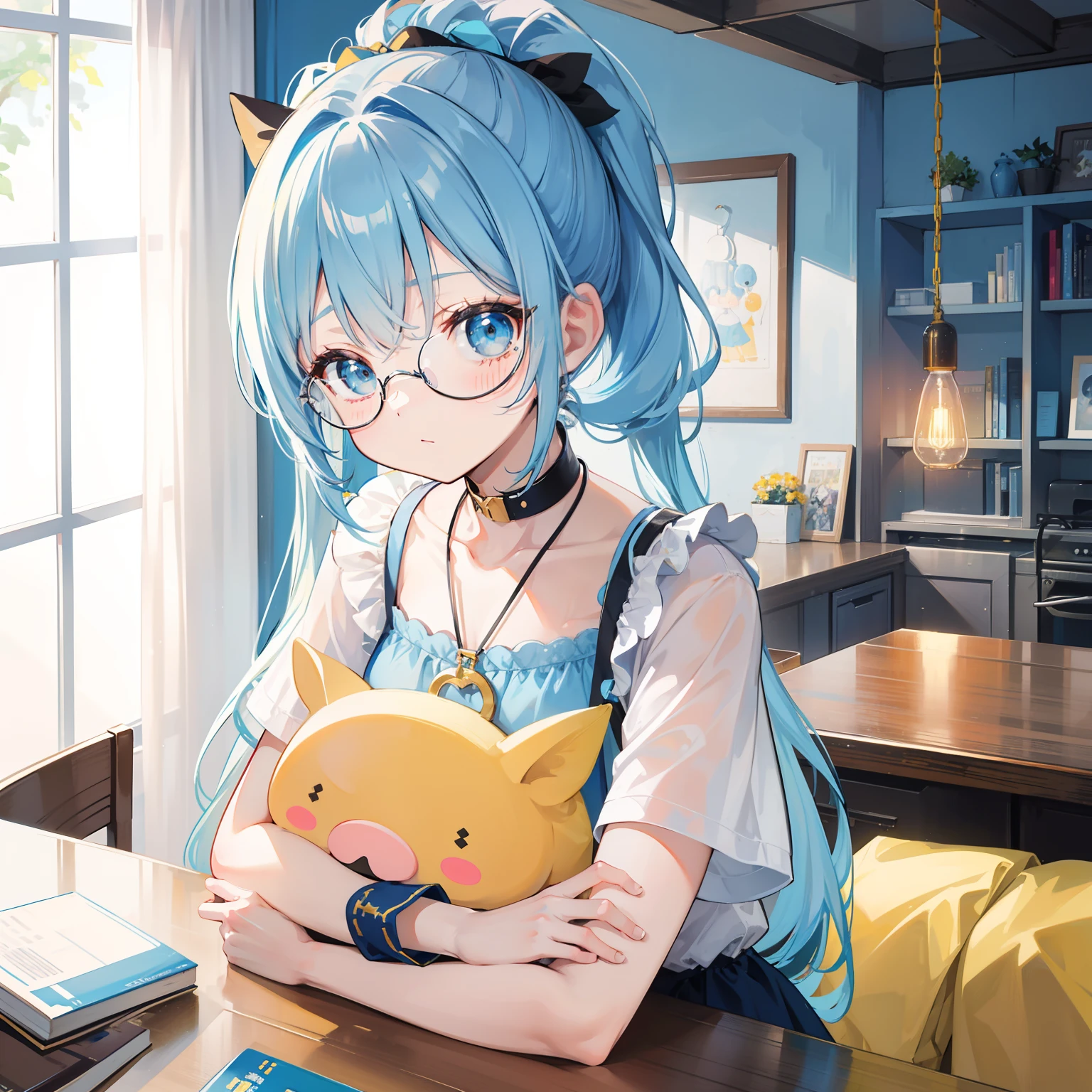 Light blue-gold bangs,With a ponytail,With pigtails,The body is petite and tender,Very loli,Only very small,Black round glasses,Thick frame,Red rope pendant,Light yellow and blue children's clothing
