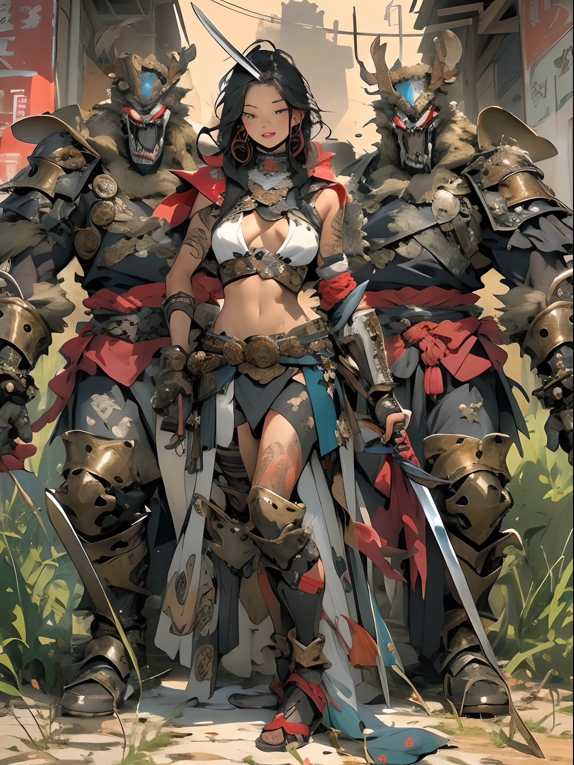 (((woman))), (((best qualityer))), (((tmasterpiece))), (((AS-Adult))), ((( Japanese ))), Look up from your knees, A beautiful asian samurai woman with perfect body, Modern samurai, ((( Asian))), Wear gloves on your hands,The left arm is made of steel and metal tips,Made of protective devices, The eyes are pulled, (( Appears below the breast )), (( Small dental floss )), Simon Bisley, Almost naked(Simon Bisley)Castle City Wilderness,For high-resolution posters, hair straight, Minimum clothing, armure (Crazy clothes ), Full of tips and rivets, tribal tattoos, (((full bodyesbian))), Straight brunette hair,Colored hair ends