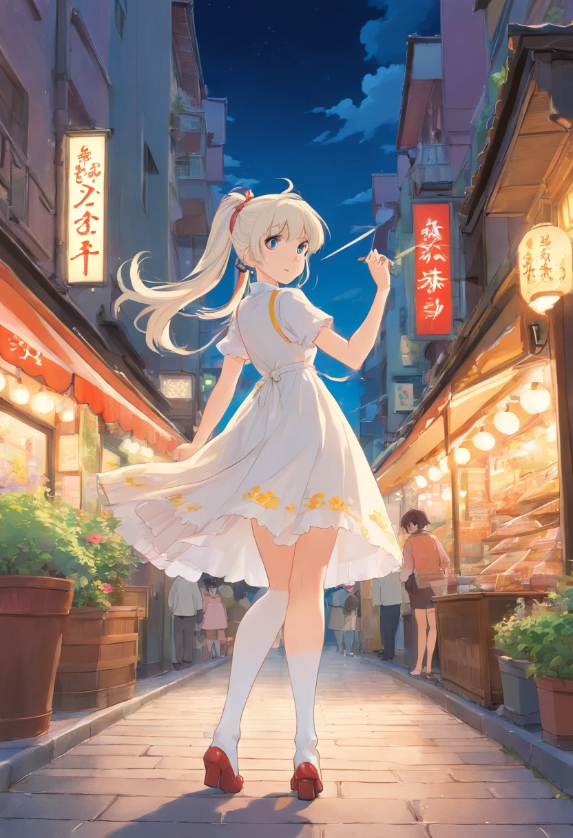 White double ponytail，Long-range shots，white stockings，flowery dress，Extremely tall girls，A giantess，Slender calves，Slender，high-heels，Standing barefoot in the city