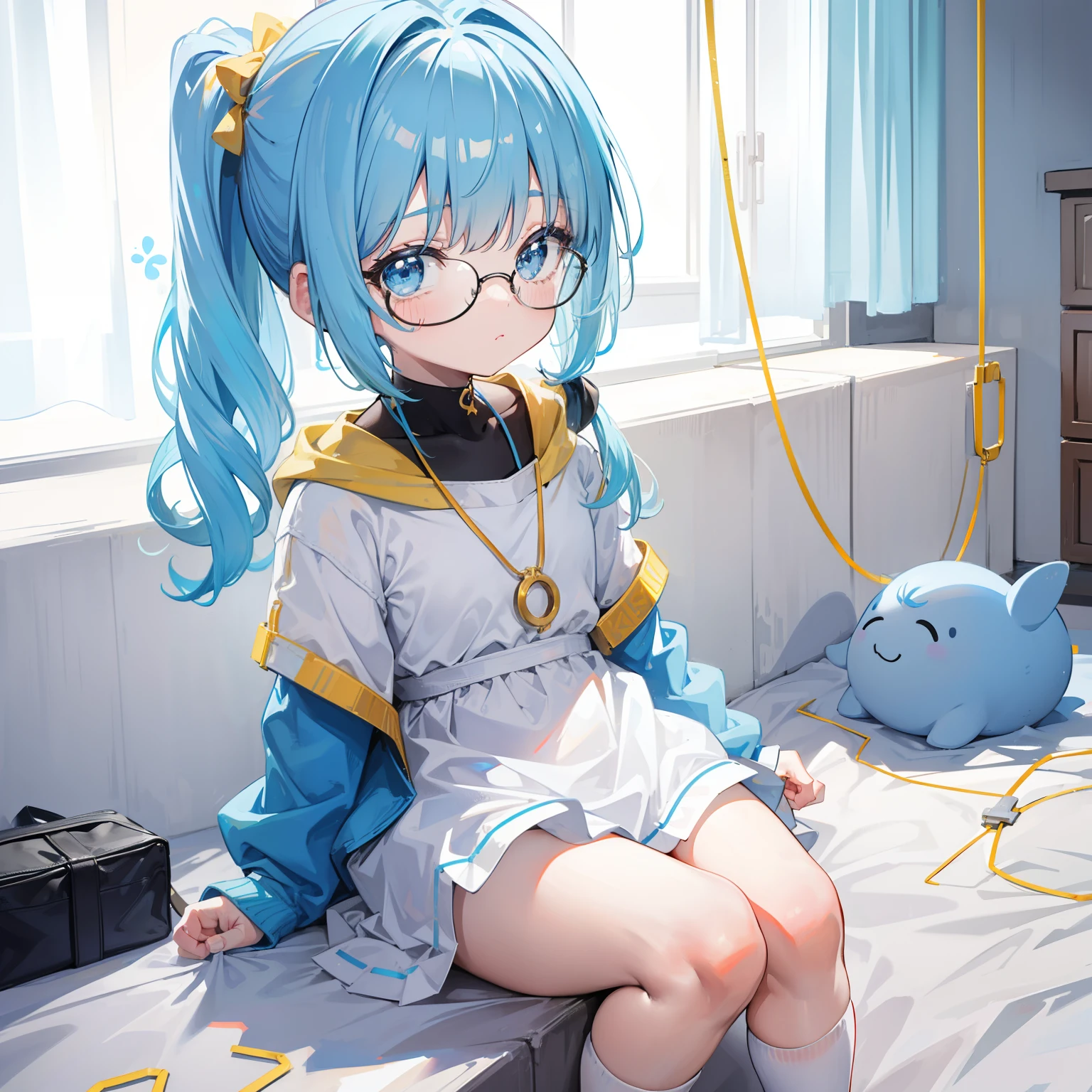 Light blue-gold bangs,With a ponytail,With pigtails,The body is petite and tender,Very loli,Only very small,Black round glasses,Thick frame,Red rope pendant,Light yellow and blue children's clothing