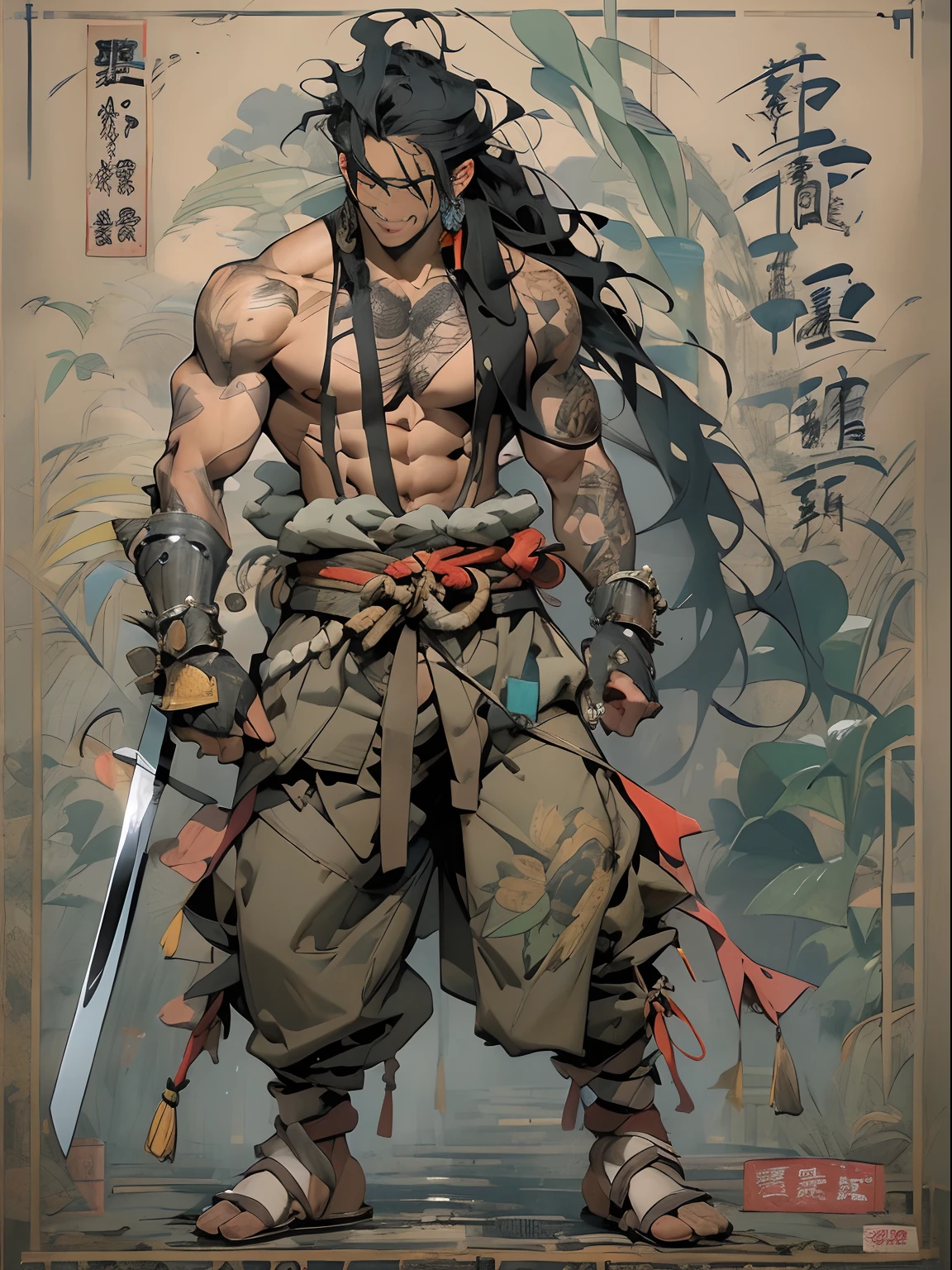 (((mtu))), (((best qualityer))), (((tmasterpiece))), (((AS-Adult))), ((( Japanese ))), Look up from your knees, Handsome Asian samurai,perfect body figure, Modern samurai, ((( Asian))), Wear gloves on your hands,The left arm is made of steel and metal tips,Made of protective devices, The eyes are pulled, (( Appears below the chest )), (( Small dental floss )), Simon Bisley, Almost naked(Simon Bisley)Castle City Wilderness,For high-resolution posters, hair straight, Minimum clothing, armure (Crazy clothes ), Full of tips and rivets, tribal tattoos, (((full bodyesbian))), Straight brunette hair,Colored hair ends