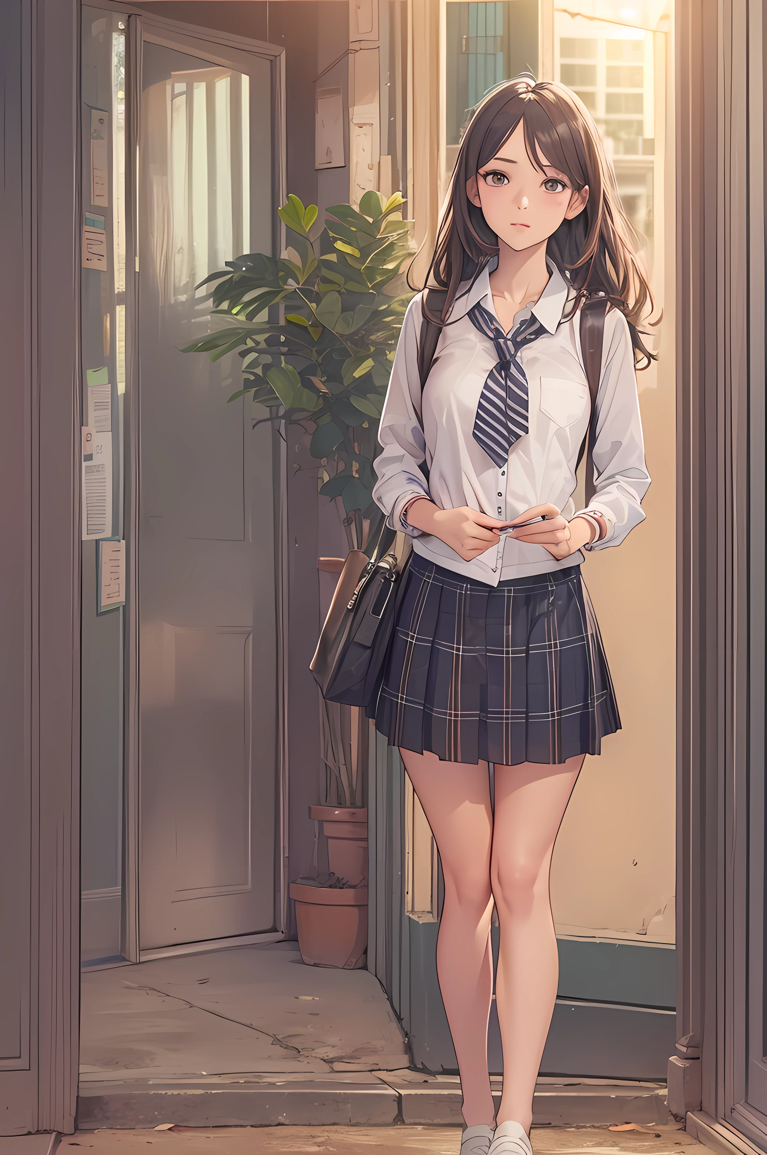 masterpiece:1.2, high quality, best quality, school, Science Lab, wavy hair, brown hair, purple eys, heart shaped pupils, looking back, , cardigan, navy skirt in plaid skirt, pantyhose, Loafers, one school bag, scarf, 1 girl, surprised, standing, shoot from front, full body