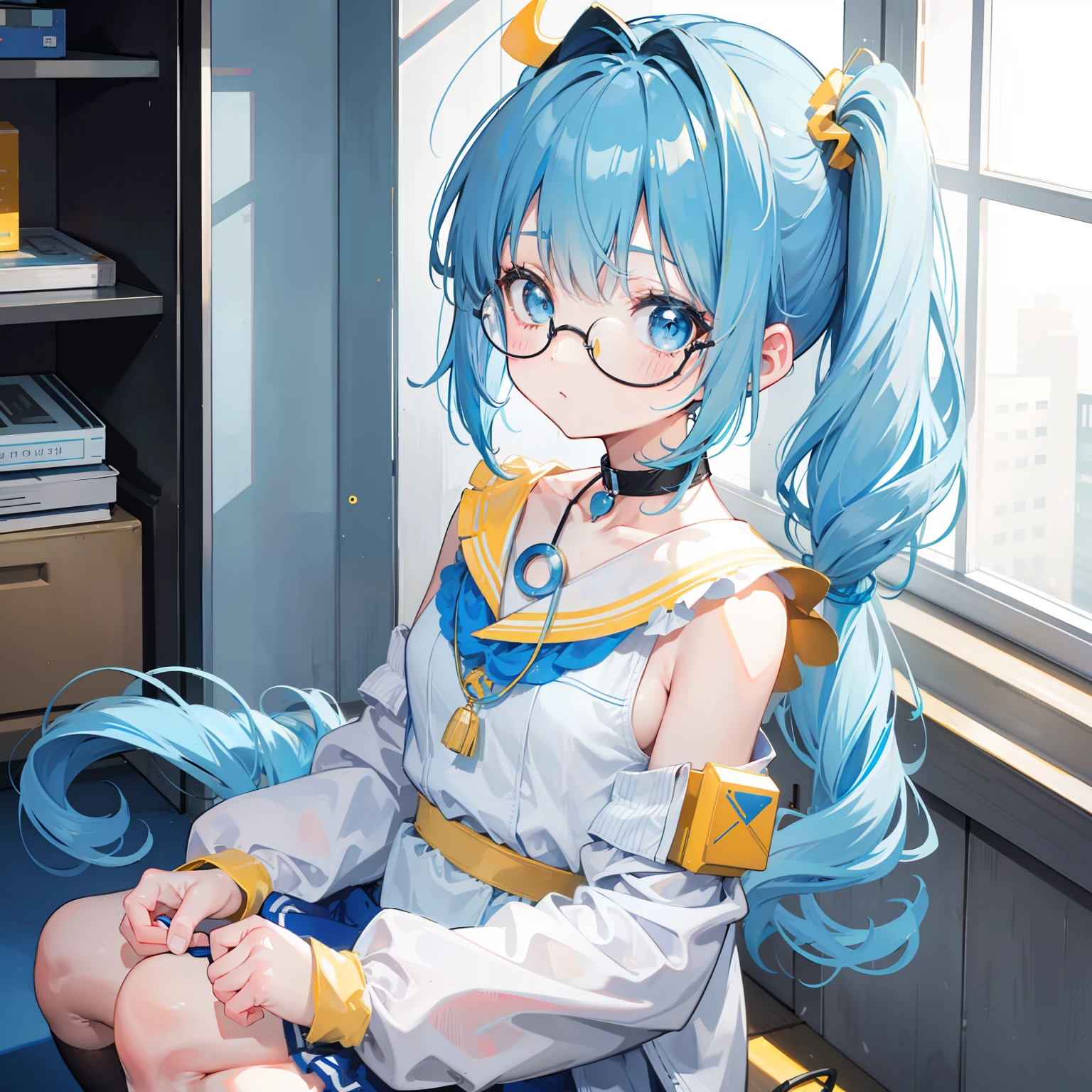 Light blue-gold bangs，With a ponytail，With pigtails，The body is petite and tender，Very loli，Only very small，Black round glasses，Thick frame，Red rope pendant，Light yellow and blue children's clothing