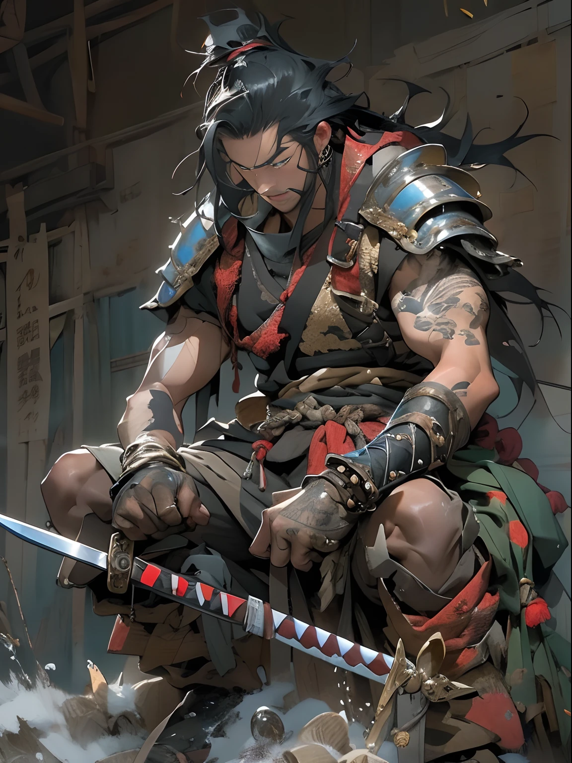 (((mtu))), (((best qualityer))), (((tmasterpiece))), (((AS-Adult))), ((( Japanese ))), Look up from your knees, Handsome Asian samurai,perfect body figure, Modern samurai, ((( Asian))), Wear gloves on your hands,The left arm is made of steel and metal tips,Made of protective devices, The eyes are pulled, (( Appears below the chest )), (( Small dental floss )), Simon Bisley, Almost naked(Simon Bisley)Castle City Wilderness,For high-resolution posters, hair straight, Minimum clothing, armure (Crazy clothes ), Full of tips and rivets, tribal tattoos, (((full bodyesbian))), Straight brunette hair,Colored hair ends