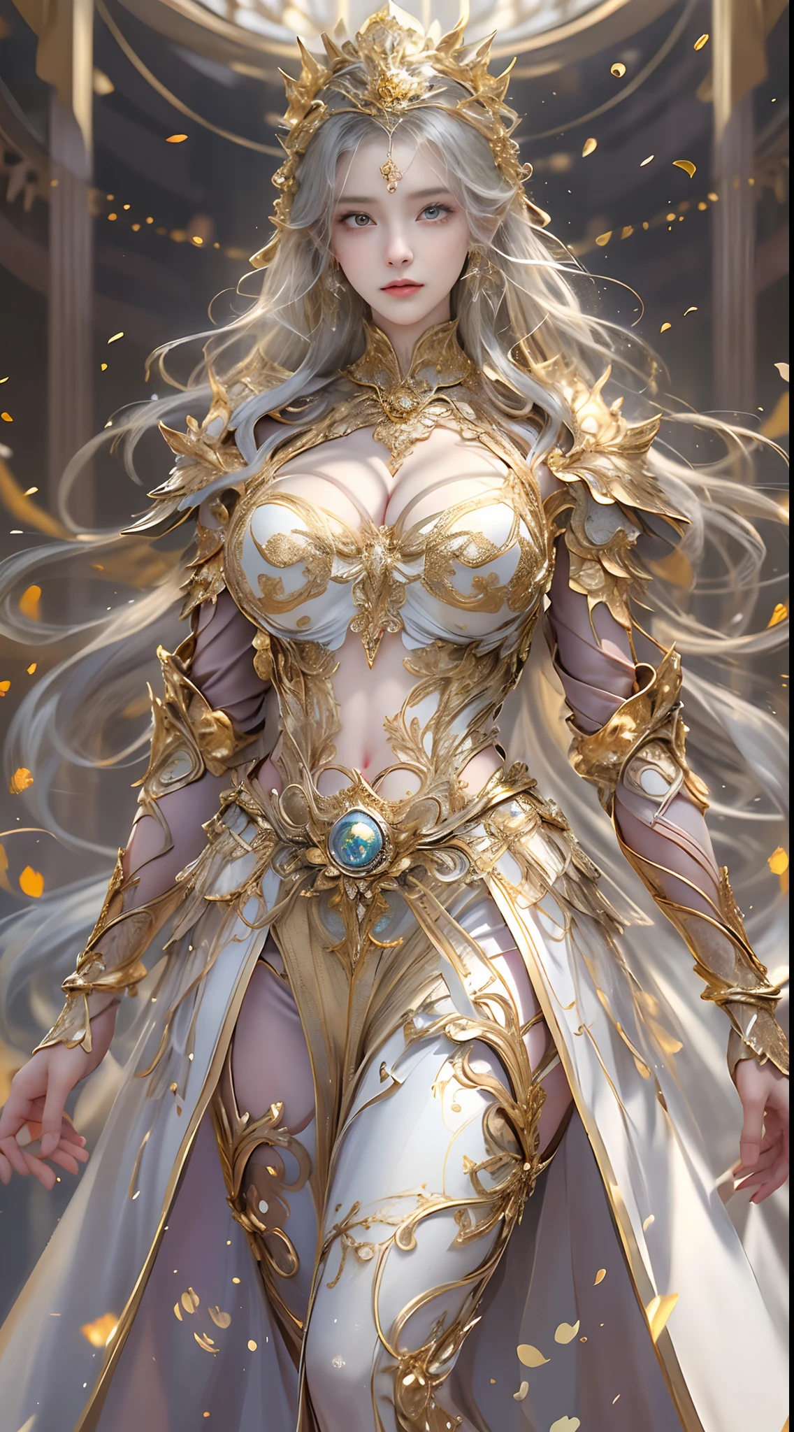 Woman in a golden transparent dress,view the viewer,(((Huge breasts, Large cleavage))),Slim waist,(navel baring,Bare waist), Long hair, Ultra-detailed details,High-end Zhenyi station, Rainstorm site, detailed fantasy art, Stunning character art, Beautiful and exquisite character art, Beautiful gold and silver armor, Extremely detailed, Girl in shiny armor, Exquisite tiaras and jewelry,Crystal jewelry filigree,Delicate pattern, intricately details, (Rich:1.4), prestige, Gorgeous, luxury goods, Royal Palace, jewelry, Pedras preciosas, gold, Diamond, (golden rose), Reflectors,milky ways, Stunning visuals, (dynamic streaks, light tracks:1.2), Vibrant colors,