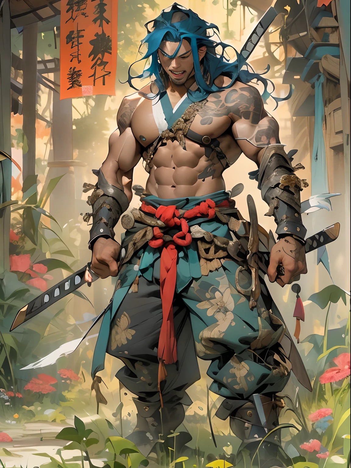 (((mtu))), (((best qualityer))), (((tmasterpiece))), (((AS-Adult))), ((( Japanese ))), Look up from your knees, Handsome Asian samurai，perfect body figure, Modern samurai, ((( Asian))), Wear gloves on your hands，The left arm is made of steel and metal tips，Made of protective devices, The eyes are pulled, (( Appears below the chest )), (( Small dental floss )), Simon Bisley, Almost naked（Simon Bisley）Castle City Wilderness，For high-resolution posters, hair straight, Minimum clothing, armure (Crazy clothes ), Full of tips and rivets, tribal tattoos, (((full bodyesbian))), Straight brunette hair，Colored hair ends