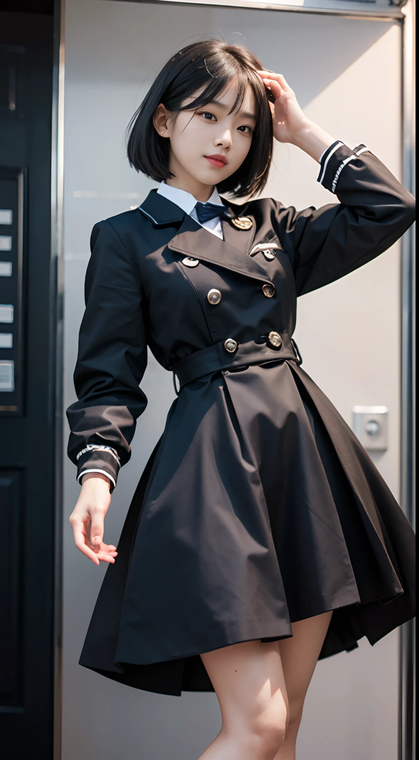 tmasterpiece,super high image quality,真实感,Three-dimensional feeling,physically-based renderingt,8K,Short black shoulder-length hair,A female high school student,Chinese face,Medium height,with a good figure,wind coat,JK school uniform,Dress generously,Back against the wall,stand posture,Front Shooting,fully body photo,ssmile,slightly red face,The background is real,Look at the audience,Well laid out,SLR shooting,