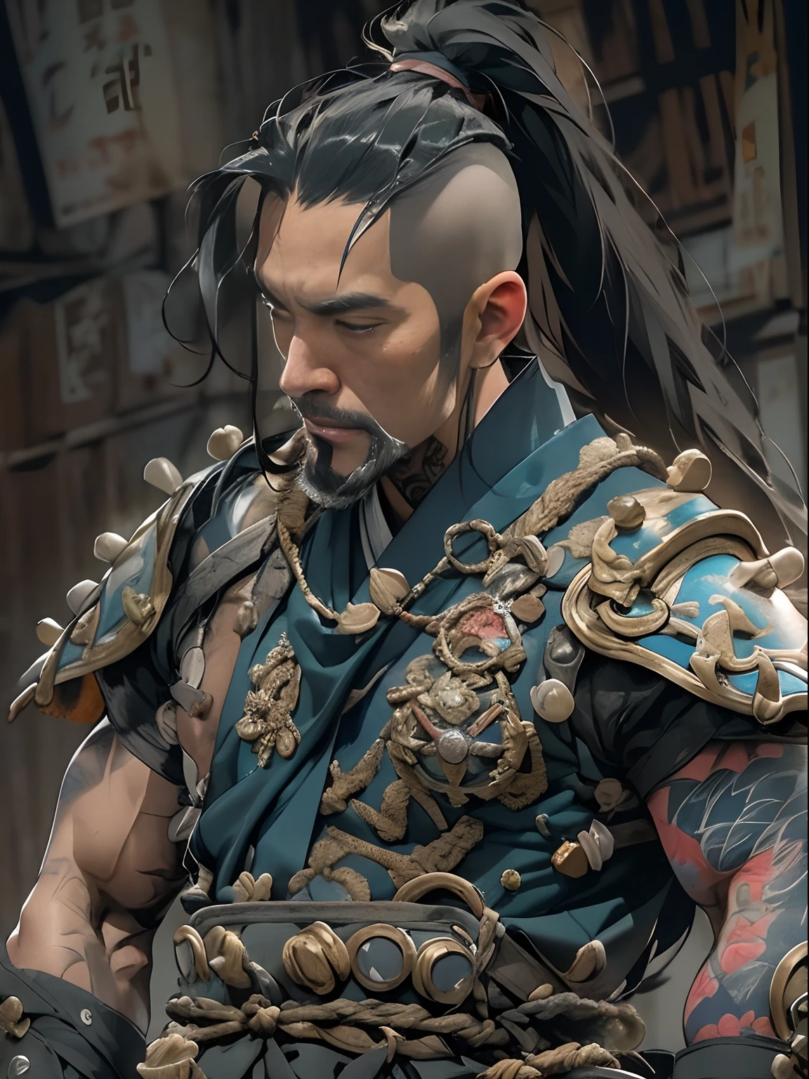 (((mtu))), (((best qualityer))), (((tmasterpiece))), (((AS-Adult))), ((( Japanese ))), Look up from your knees, Handsome Asian samurai,perfect body figure, Modern samurai, ((( Asian))), Wear gloves on your hands,The left arm is made of steel and metal tips,Made of protective devices, The eyes are pulled, (( Appears below the chest )), (( Small dental floss )), Simon Bisley, Almost naked(Simon Bisley)Castle City Wilderness,For high-resolution posters, hair straight, Minimum clothing, armure (Crazy clothes ), Full of tips and rivets, tribal tattoos, (((full bodyesbian))), Straight brunette hair,Colored hair ends