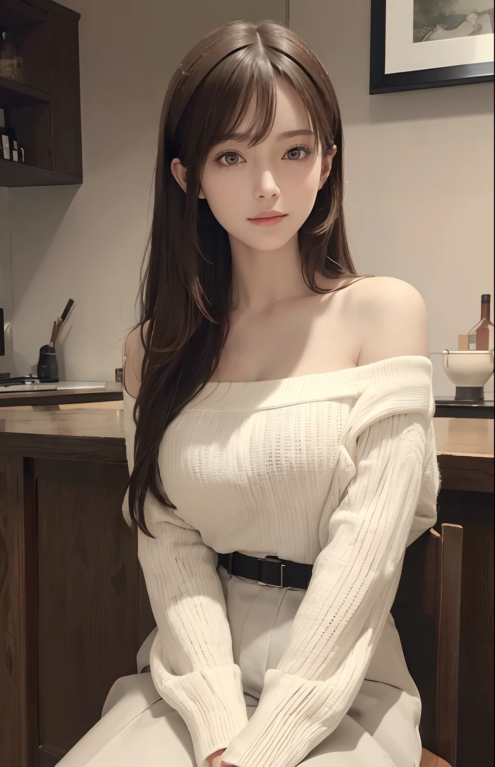 (Ultra Real), (Illustration), (High Resolution), (8K), (Very Detailed), (Best Illustration), (Beautiful and Detailed Eyes), (Best Quality), (Ultra Detailed), (Masterpiece), (Wallpaper), (Detailed Face), Solo, One Girl, Full Body, Staring Viewer, Fine Eyes and Mouth, Detailed Face, Bar Counter, In the Dark, Low Key, pureerosfaceace_v1, Smile, Long Hair, Dark blonde straight hair, bangs, sitting in a chair, beautiful teeth, blushing cheeks, fascinated look, complex off-shoulder clothes,