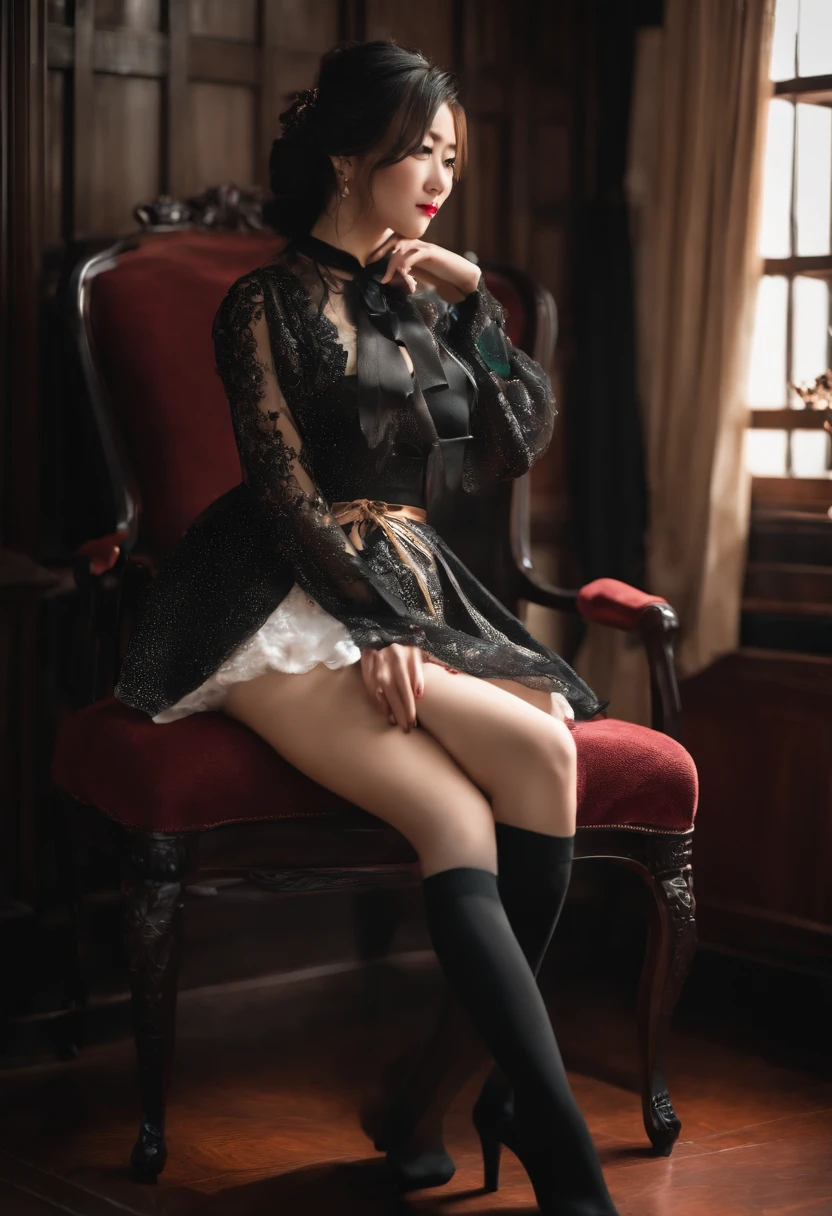 japanese beautiful woman,Raised sexy,Long legs,Bare jade feet,black over-the-knee socks,black lence stockings,Black bra,Sit on the throne,Lovely and pure